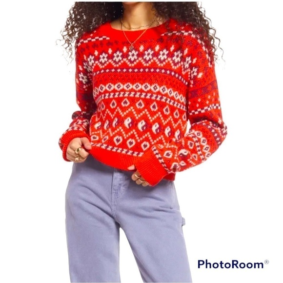 NWT BP. Crafted Cropped Sweater In Red Scarlet Holiday Fairisle Plus Size 3X - Picture 4 of 11